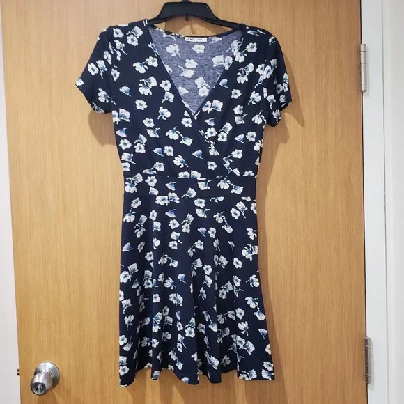 MS Basic | Dresses | Ms Basic Blue Floral Faux Wrap Short Sleeve Mini Dress  Or Tunic Blouse Top Med | Poshmark